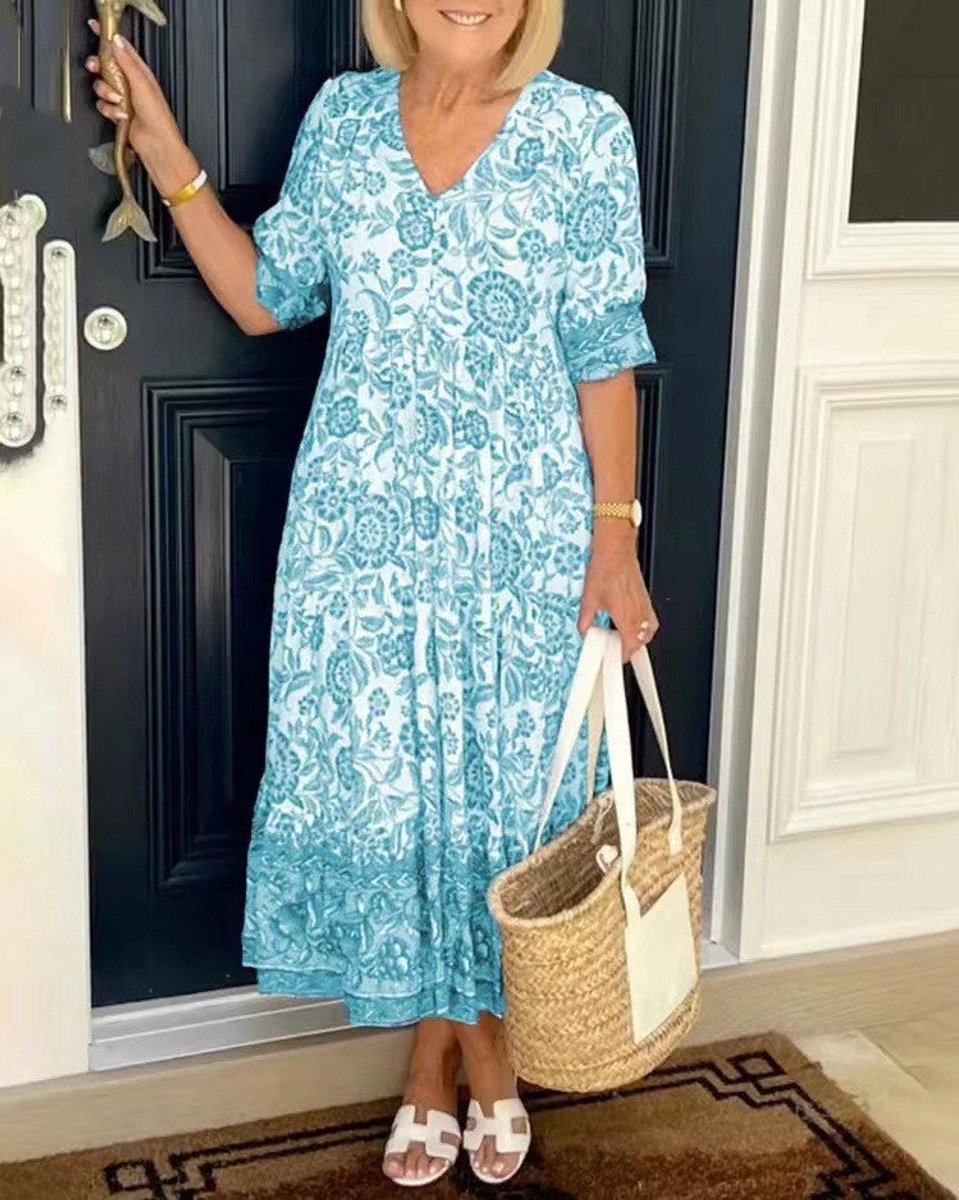 Women's Floral V-Neck Tiered Midi Dress - Blue | Spring - Sky Blue