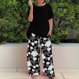Women's Floral Wide-Leg Two-Piece Set - Relaxed Fit | Summer - Black