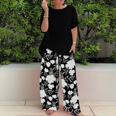 Women's Floral Wide-Leg Two-Piece Set - Relaxed Fit | Summer - Black