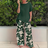 Women's Floral Wide-Leg Two-Piece Set - Relaxed Fit | Summer - Forest Green