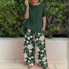 Women's Floral Wide-Leg Two-Piece Set - Relaxed Fit | Summer - Forest Green