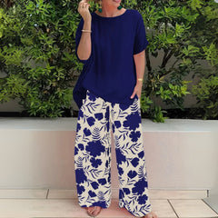 Women's Floral Wide-Leg Two-Piece Set - Relaxed Fit | Summer - Navy