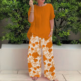 Women's Floral Wide-Leg Two-Piece Set - Relaxed Fit | Summer - Orange