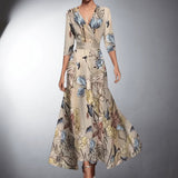 Women's Floral Wrap Maxi Dress V-Neck 3/4 Sleeve - Garden Party - Floral Print