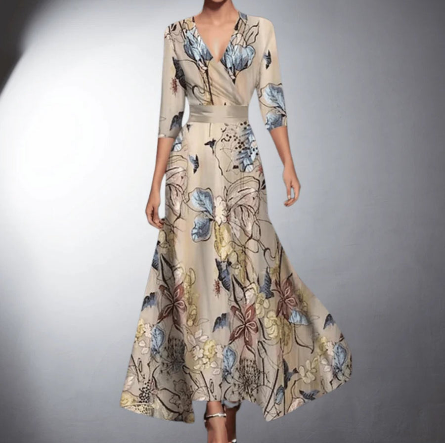 Women's Floral Wrap Maxi Dress V-Neck 3/4 Sleeve - Garden Party - Floral Print