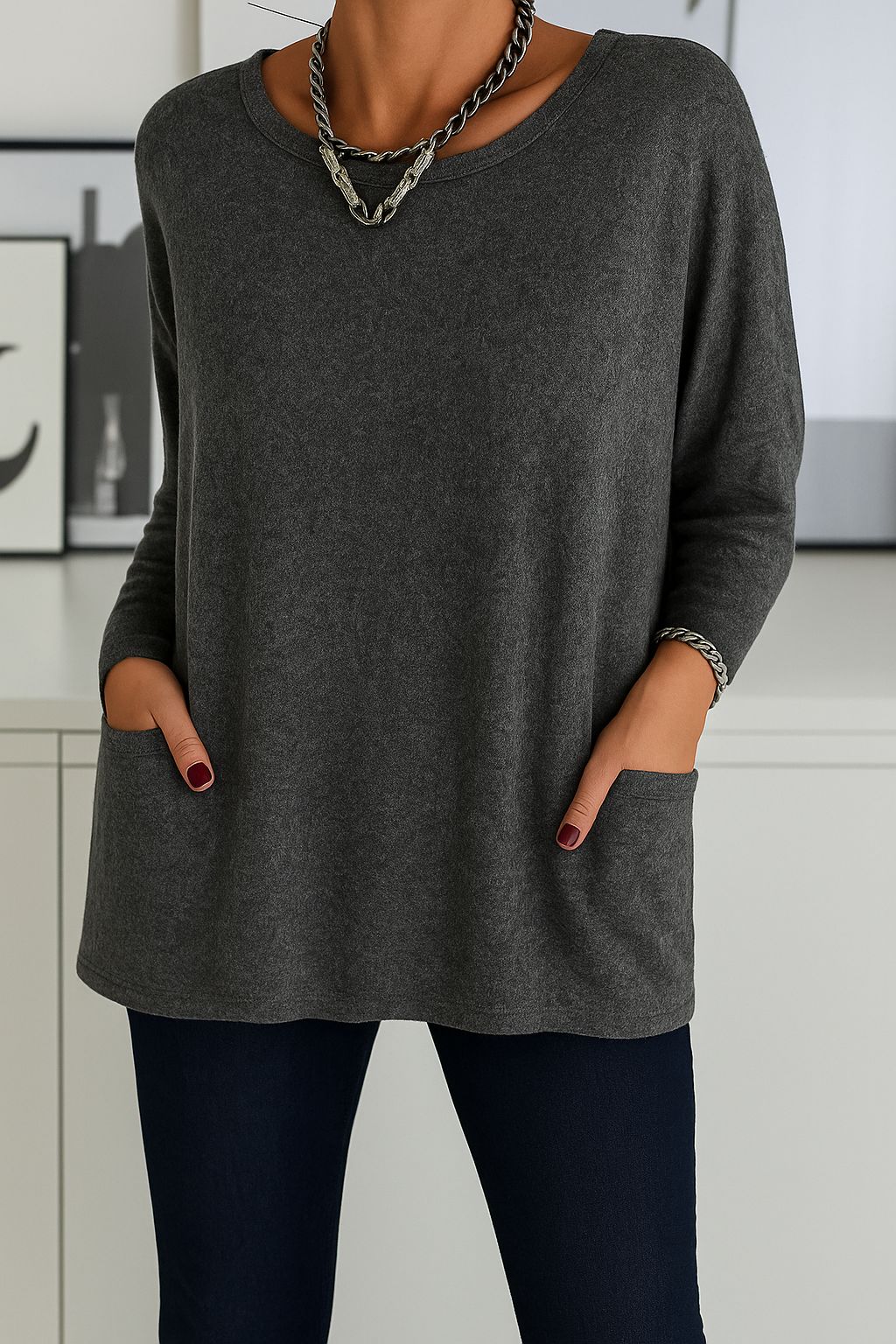 Women's Flowing Comfort Top - Everyday Elegance | Autumn - Dark Gray