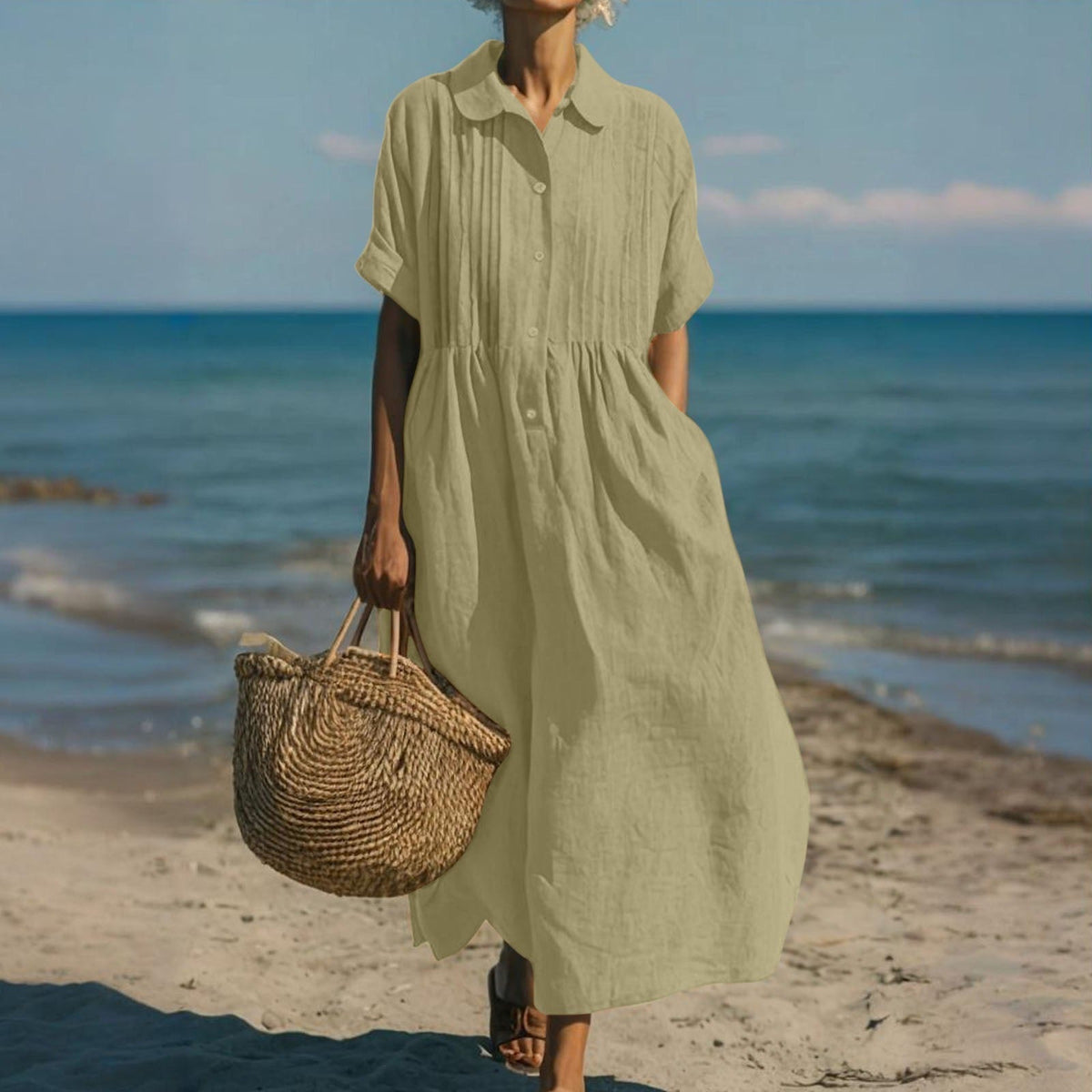 Women's Flowing Maxi Dress - Elegant Summer Style - Sage Green