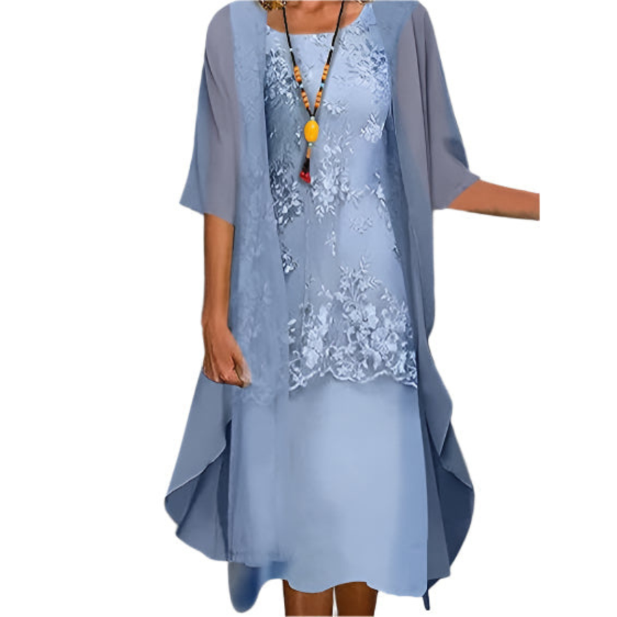 Women's Flowing Midi Dress with Sheer Sleeves - Wedding Guest | Spring - Blue