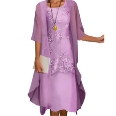 Women's Flowing Midi Dress with Sheer Sleeves - Wedding Guest | Spring - Purple