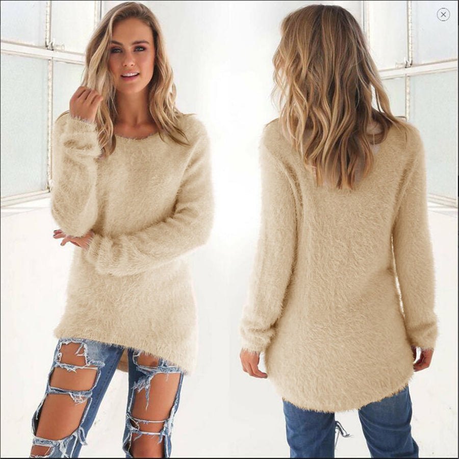 Women's Fluffy Knit Sweater - Soft Comfort Pullover | Fall - Beige