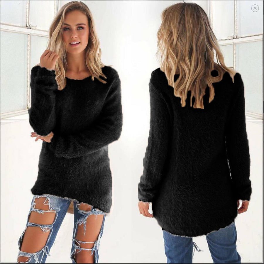 Women's Fluffy Knit Sweater - Soft Comfort Pullover | Fall - Black