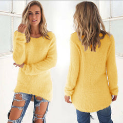 Women's Fluffy Knit Sweater - Soft Comfort Pullover | Autumn - Yellow