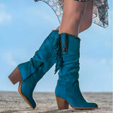 Women's Fringe Suede Western Knee High Boots Block Heel | Autumn - Blue