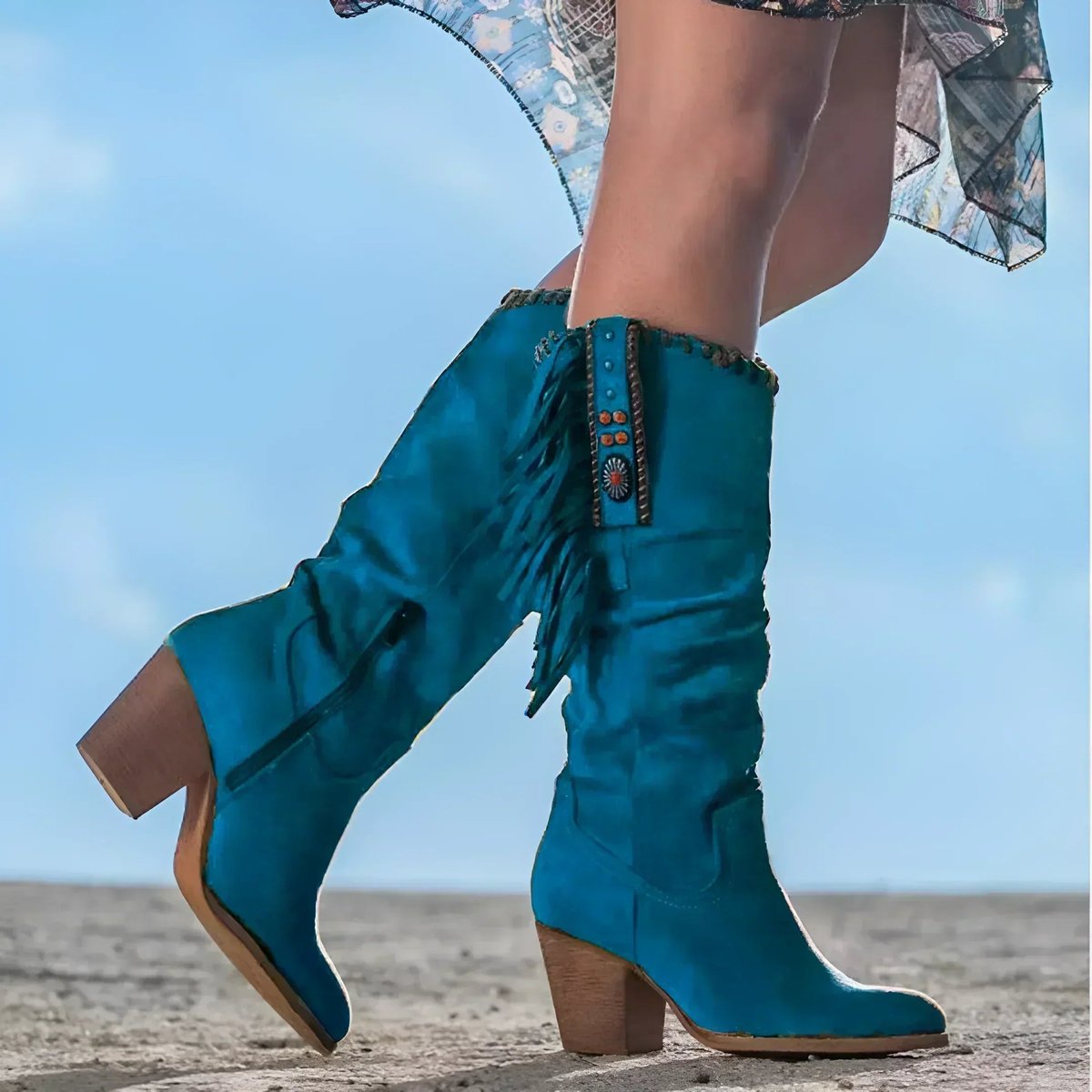 Women's Fringe Suede Western Knee High Boots Block Heel | Autumn - Blue