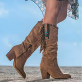 Women's Fringe Suede Western Knee High Boots Block Heel | Autumn - Brown
