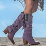 Women's Fringe Suede Western Knee High Boots Block Heel | Autumn - Purple