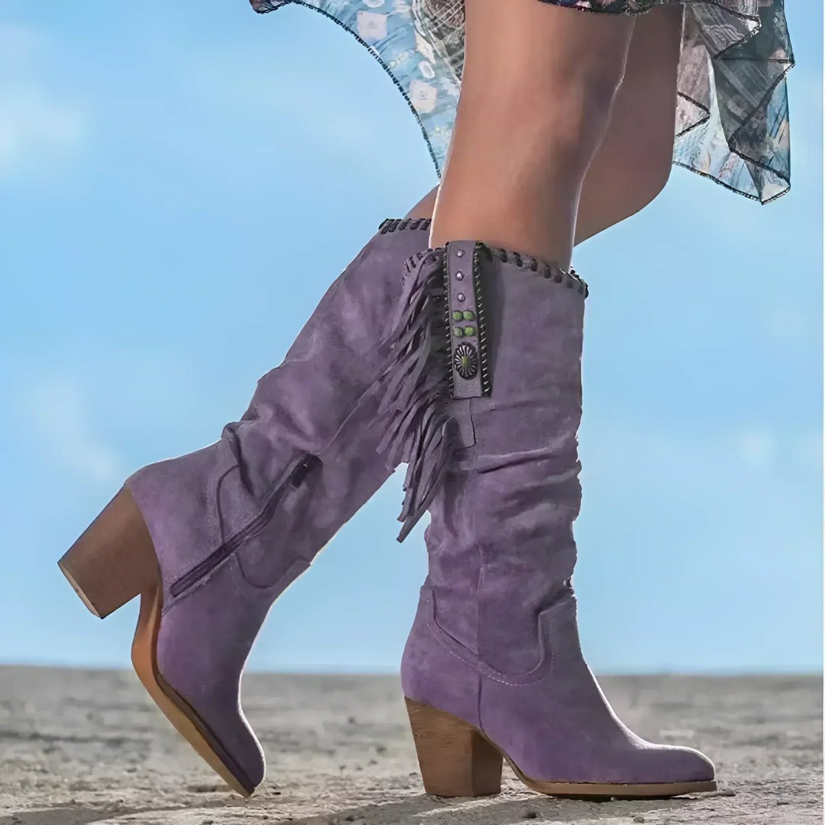 Women's Fringe Suede Western Knee High Boots Block Heel | Autumn - Purple