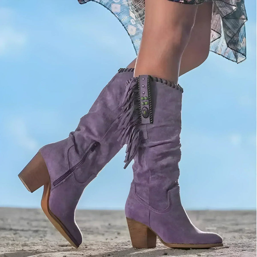 Women's Fringe Suede Western Knee High Boots Block Heel | Autumn - Purple