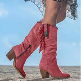 Women's Fringe Suede Western Knee High Boots Block Heel | Autumn - Red