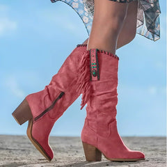 Women's Fringe Suede Western Knee High Boots Block Heel | Autumn - Red