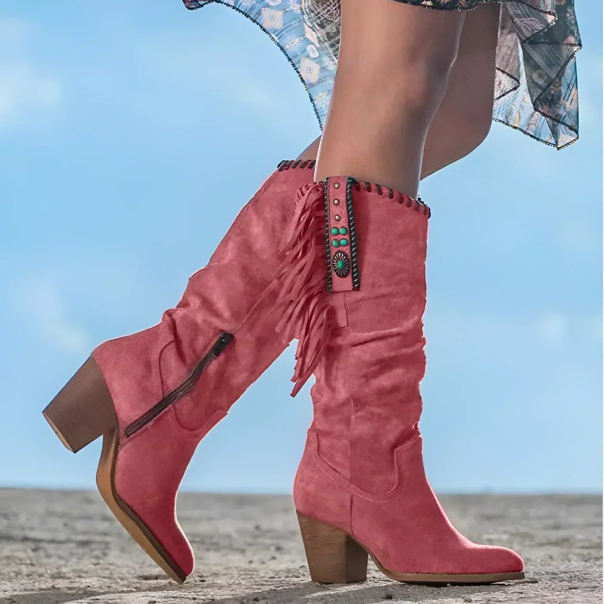 Women's Fringe Suede Western Knee High Boots Block Heel | Autumn - Red