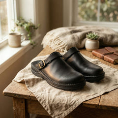 Women's Full-Grain Leather Slip-On Clogs - Ergonomic Comfort | Autumn - Black