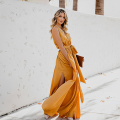 Women's Full-Length Dress | Sleeveless | Side Slit | Summer - Yellow