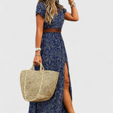 Women's Gathered Waist Maxi Dress - Boho Print | Summer - Blue