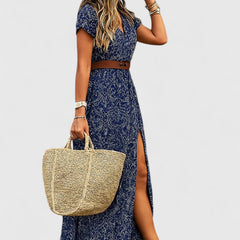 Women's Gathered Waist Maxi Dress - Boho Print | Summer - Blue