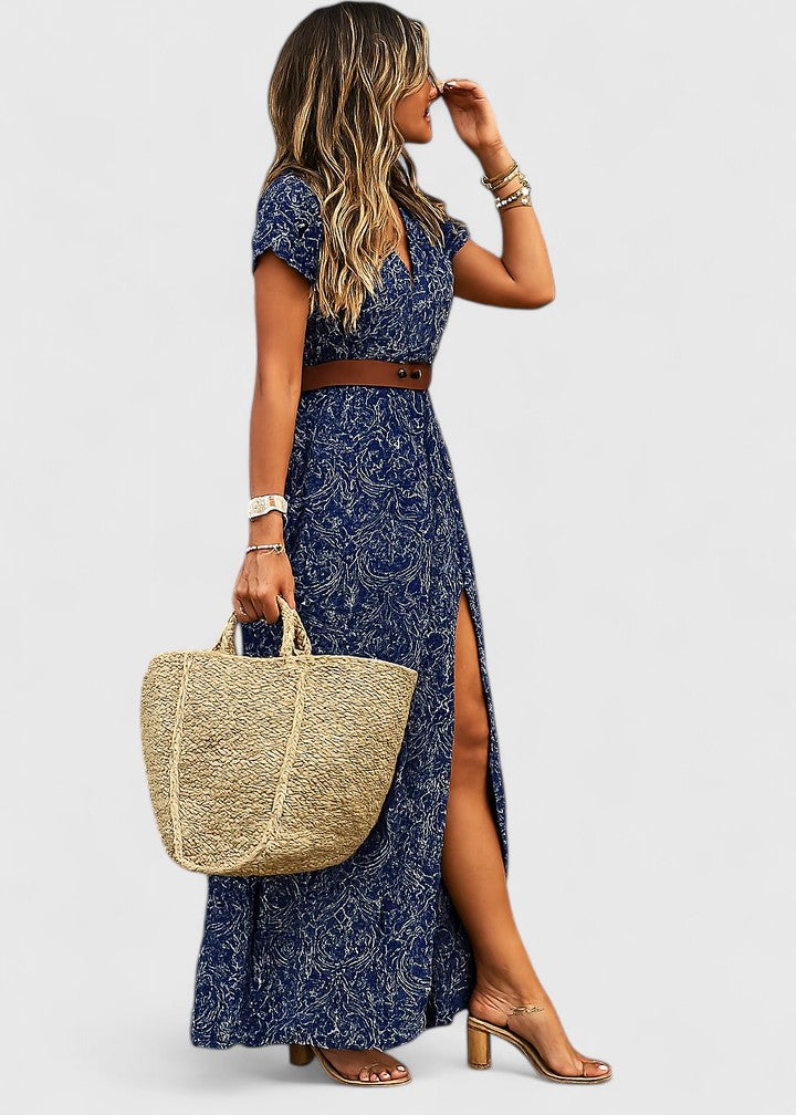 Women's Gathered Waist Maxi Dress - Boho Print | Summer - Blue