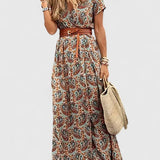 Women's Gathered Waist Maxi Dress - Boho Print | Summer - Brown