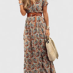 Women's Gathered Waist Maxi Dress - Boho Print | Summer - Brown