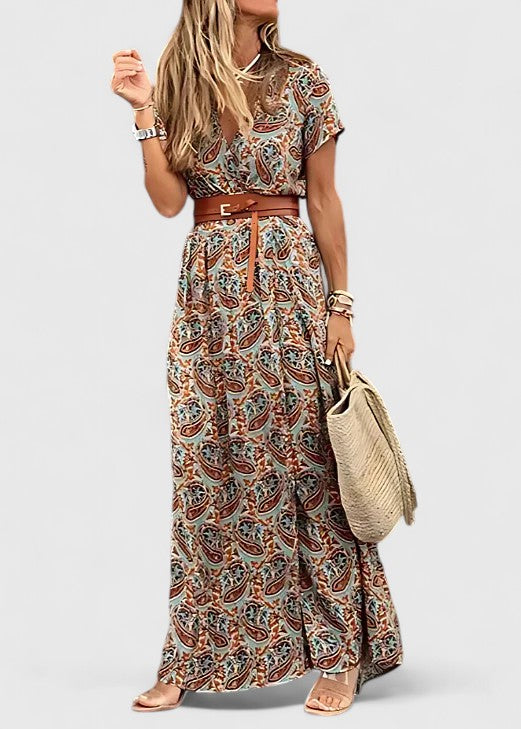 Women's Gathered Waist Maxi Dress - Boho Print | Summer - Brown