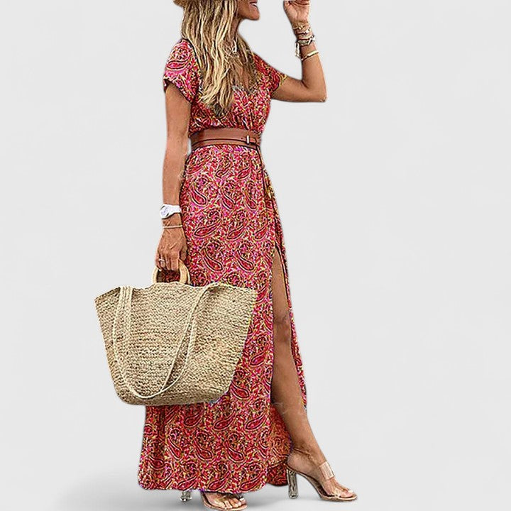 Women's Gathered Waist Maxi Dress - Boho Print | Summer - Dark Red