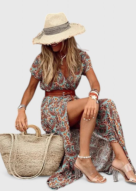 Women's Gathered Waist Maxi Dress - Boho Print | Summer