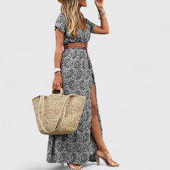 Women's Gathered Waist Maxi Dress - Boho Print | Summer - Gray