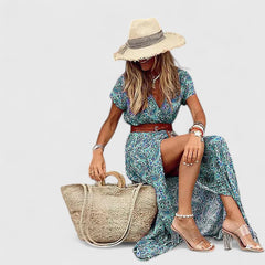 Women's Gathered Waist Maxi Dress - Boho Print | Summer - Green