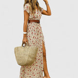 Women's Gathered Waist Maxi Dress - Boho Print | Summer - Red