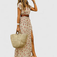 Women's Gathered Waist Maxi Dress - Boho Print | Summer - Red
