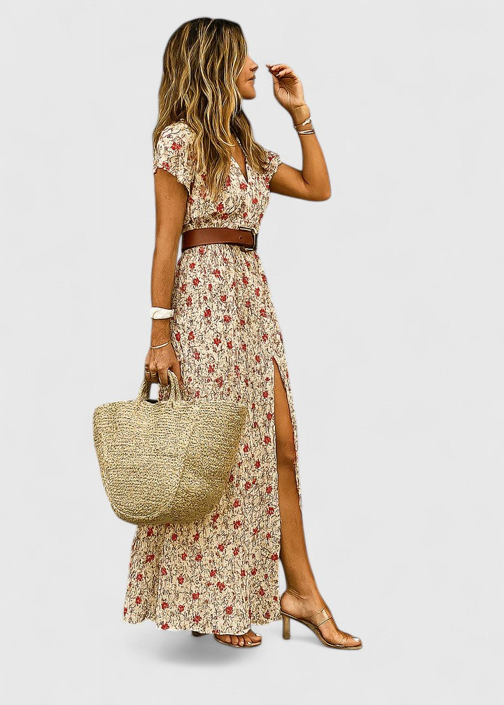 Women's Gathered Waist Maxi Dress - Boho Print | Summer - Red