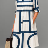 Women's Geometric Print Button-Down Midi Dress - Navy & White | Spring - Navy & White