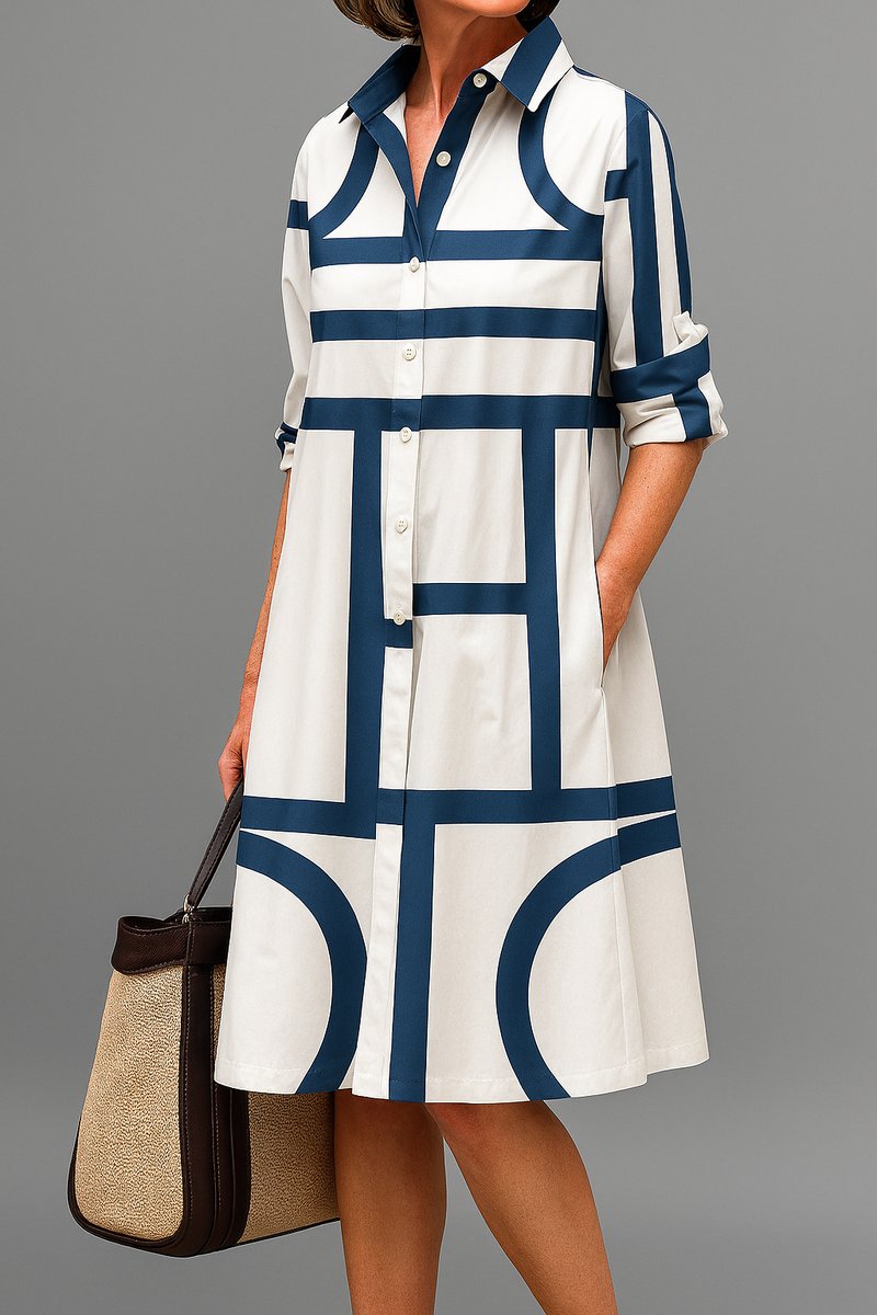 Women's Geometric Print Button-Down Midi Dress - Navy & White | Spring - Navy & White