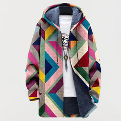 Women's Geometric Print Fleece-Lined Hooded Sweater Jacket | Autumn