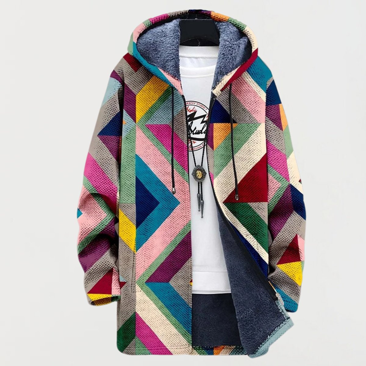 Women's Geometric Print Fleece-Lined Hooded Sweater Jacket | Autumn