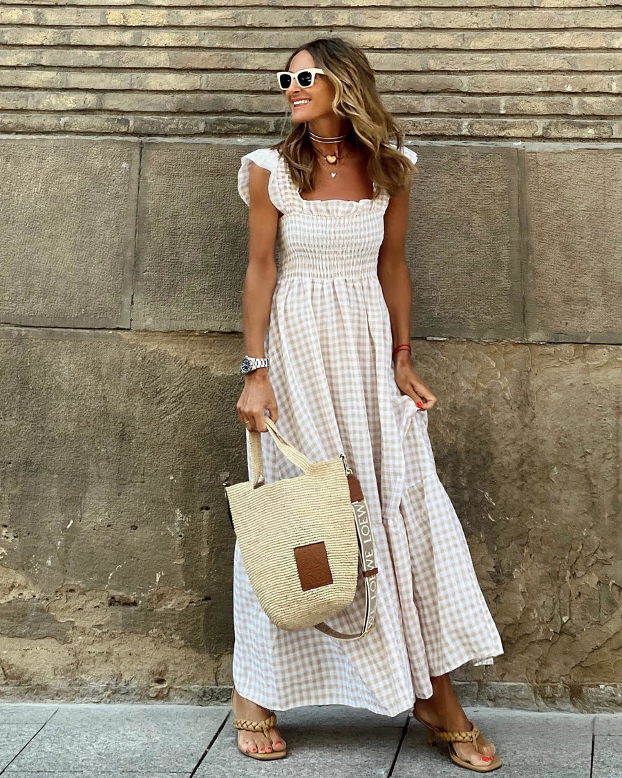 Women's Gingham Dress | Sleeveless | Summer - Beige