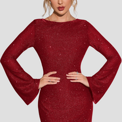 Women's Glitter Party Dress | Long Sleeves | Winter - Red