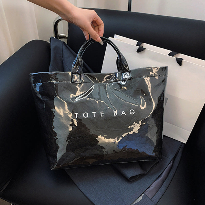 Women's Glossy Lacquer Tote Bag - Everyday Shoulder Bag - Black
