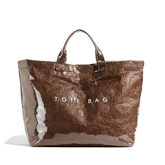 Women's Glossy Lacquer Tote Bag - Everyday Shoulder Bag - Brown
