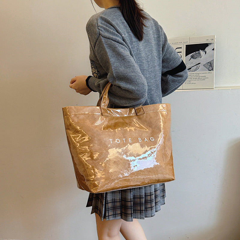 Women's Glossy Lacquer Tote Bag - Everyday Shoulder Bag