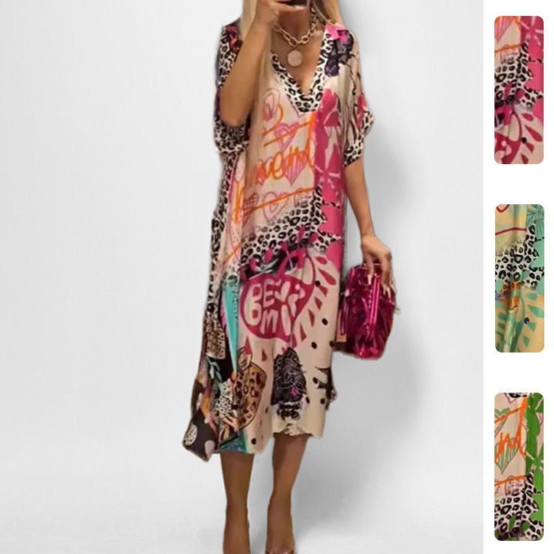 Women's Graphic Print V-Neck Swing Tunic Dress | Spring